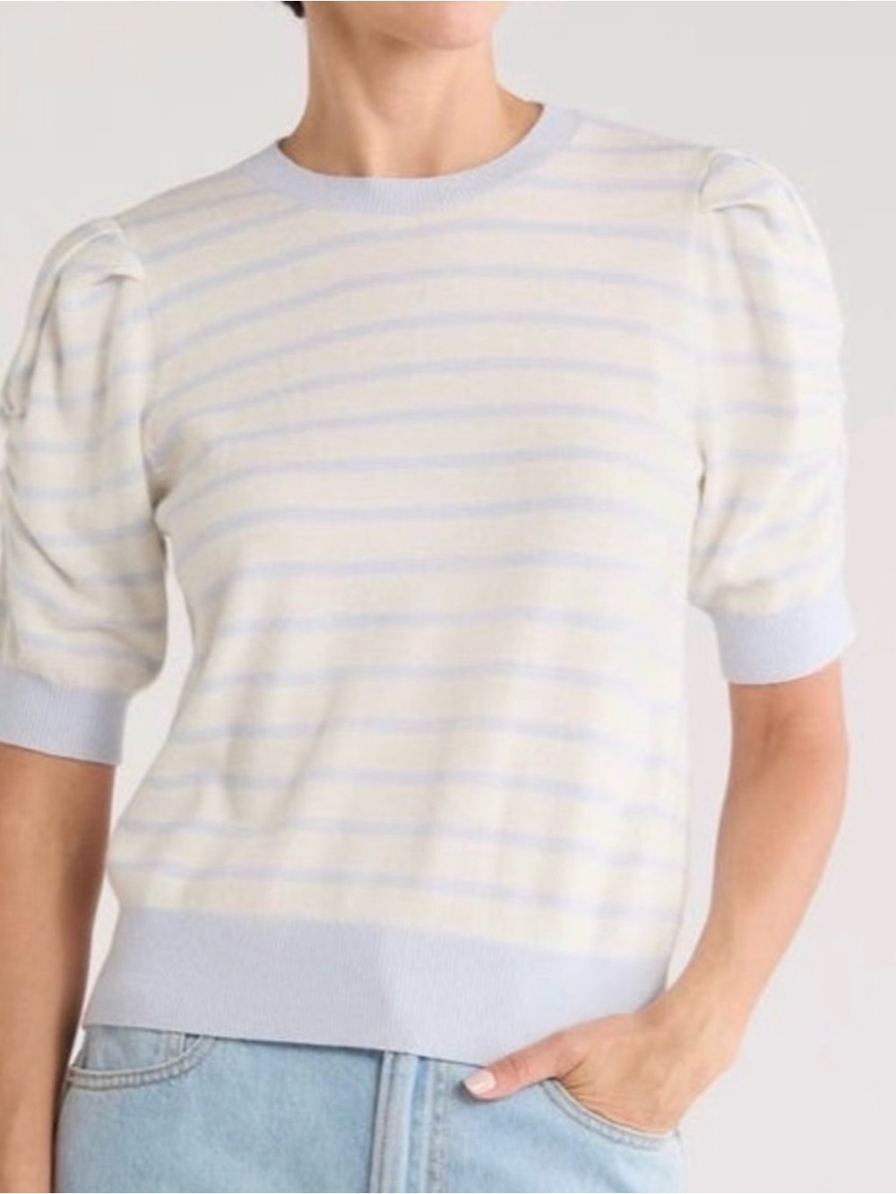 FRAME Denim Striped Puff-Sleeve Knit Tee - Light Blue & Cream M New